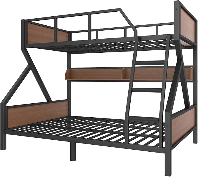KEIKI Full Over Queen Bunk Bed, Heavy Duty Metal Bunkbed with Storage Shelves, Lights, Bottom Space & Guardrail for Aldults Dorm Bedroom Guest Room, No Box Spring Needed, Noise-Free Design