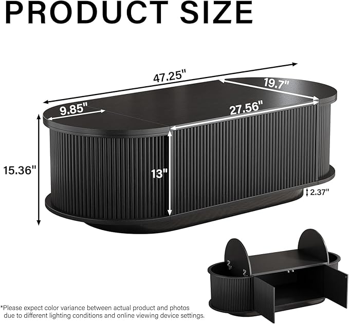HSH 47" Oval Coffee Table with Storage, Black Coffee Table for Living Room | Modern Center Table with Press Type Door, Fluted Living Room Tables with 2 Flip-Top Hidden Lids, Wood Table