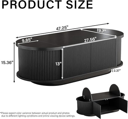 HSH 47" Oval Coffee Table with Storage, Black Coffee Table for Living Room | Modern Center Table with Press Type Door, Fluted Living Room Tables with 2 Flip-Top Hidden Lids, Wood Table