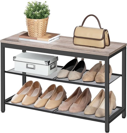 HOOBRO Shoe Bench, 3-Tier Shoe Rack, Industrial Shoe Organizer Storage Bench, 29.5 inches Entry Bench with Mesh Shelves, for Entryway, Living Room, Hallway, Easy Assembly, Greige BG75HX01