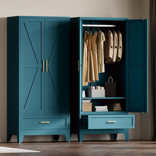 Blue Metal Wardrobe Closet for Bedroom, 71" Freestanding Armoire Wardrobe with Drawer and Shelf, Hanging Rod Clothing Storage Cabinet with Two Doors, Tall Farmhouse Clothes Cabinet Bedroom Armoires
