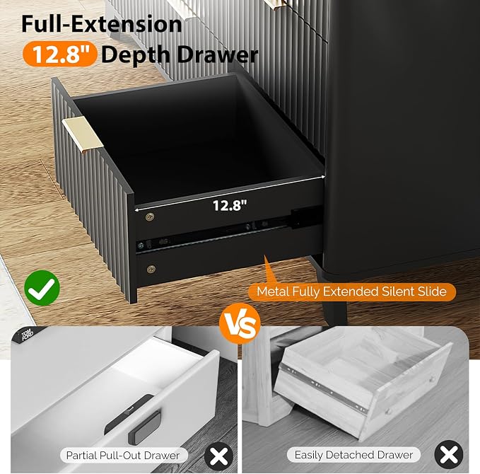 VINGLI Black Dresser 9 Drawer, Fluted Dresser with Rounded Edges, 57" Long Modern Dressers for Bedroom, Black and Gold, 57" W*15.75" D*29.92" H
