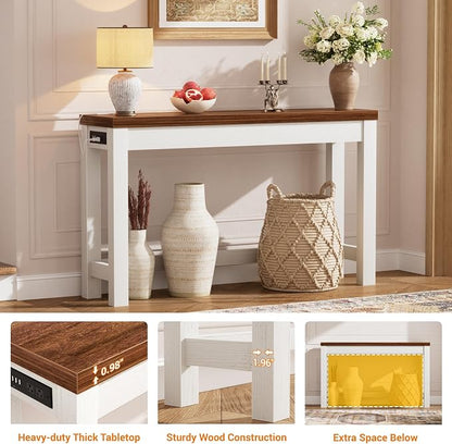 Cyclysio 47" Console Table with Charging Station, 13.8" Deep Farmhouse Sofa Table Behind Couch with 2 AC Outlets & 3 USB Ports, Entryway TV Console or Compact Home Office Desk, Rustic Oak