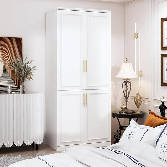 ECACAD White Wardrobe Armoire with 4 Doors, 3-Tier Shelves & Hanging Rod, Wooden Closet Storage Cabinet for Bedroom (30.2”W x 19.3”D x 74.8”H)