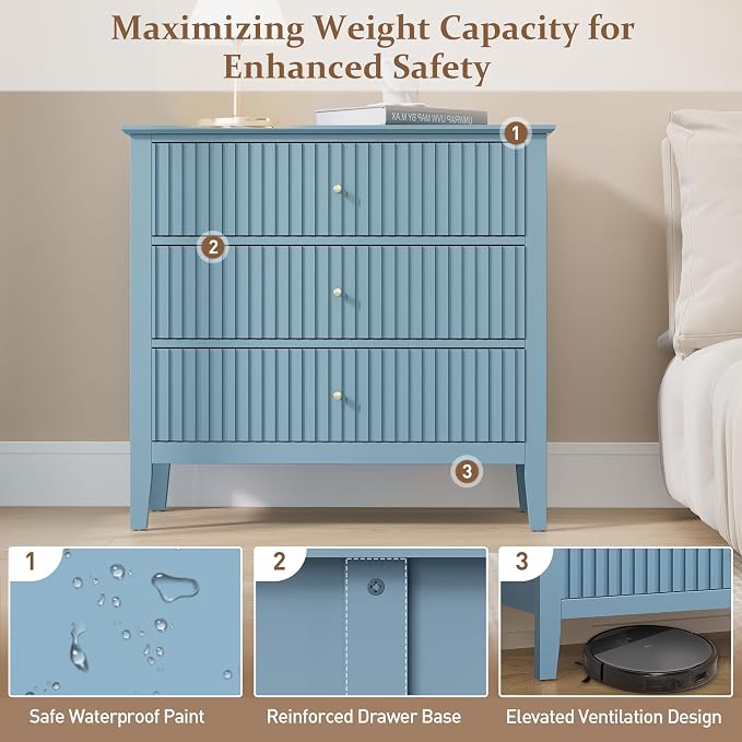RoyalCraft Fluted 3 Drawer Dresser Set of 2, 32'' Wide Dresser Nightstand for Bedroom, Modern Wood Chest of Drawers, Large Painted Nightstand with 3 Drawers for Closet, Hallway, Entryway, Light Blue