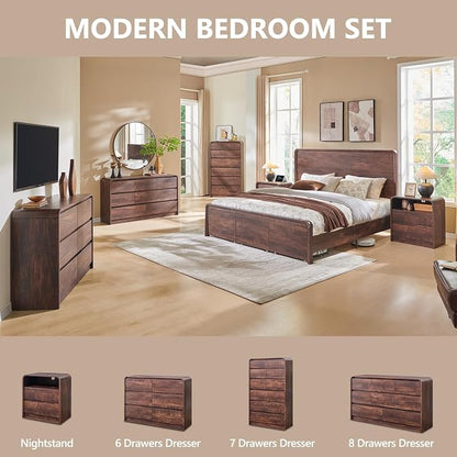 Aitjunz Modern 6 Drawers Dresser for Bedroom, 47" Wide Wood Dressers & Chests of Drawers w/Curved Profile Design, Mid Century Modern Dresser w/Natural Texture for Bedroom, Living Room, Brown