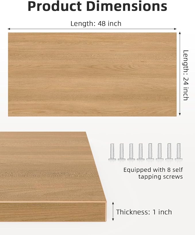Universal 48 x 24 One-Piece Solid Wood Table Top, 1" Thick Desktop for Stand Up Height Adjustable Desk Frames, Home Office Tabletop, Countertop DIY, Elmwood