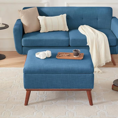 Kingfun 65" W Loveseat Sofa with Ottoman Coffee Table, Mid Century Modern Decor Love Seat Couches and Ottoman with Storage for Living Room, Button Tufted Upholstered Love Seats Furniture Set, Blue