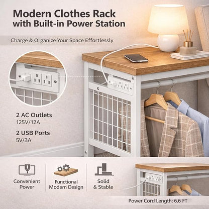Simple Deluxe Storage Clothes Rack with 6 Drawers, Charging Station & LED Lights, Fabric Chest Shelves Clothing Rack, Wooden Portable Wardrobe Closet, 49.2" W x 15.7" D x 47.2" H, Silver