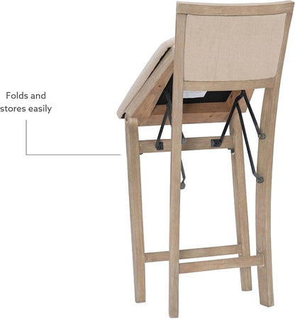 Linon Keira Natural Rustic Wooden Folding 25 Inch Seat Height Counter Stool with Beige Upholstered Seat and Back