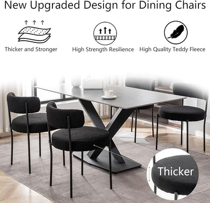Cinxzar Black Boucle Dining Chairs Set of 6, Upholstered Dining Room Chairs with Black Metal Legs, Round Modern Dining Chair for Dining Room, Kitchen