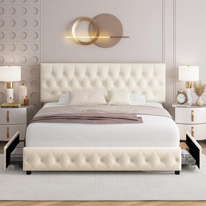 Keyluv Modern Upholstered Bed Frame with 4 Storage Drawers, Button Tufted Headboard Design, Solid Wooden Slat Support, Easy Assembly, Soft Velvet, Beige, Queen Size