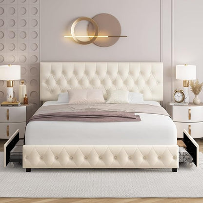 Keyluv Modern Upholstered Bed Frame with 4 Storage Drawers, Button Tufted Headboard Design, Solid Wooden Slat Support, Easy Assembly, Soft Velvet, Beige, Queen Size