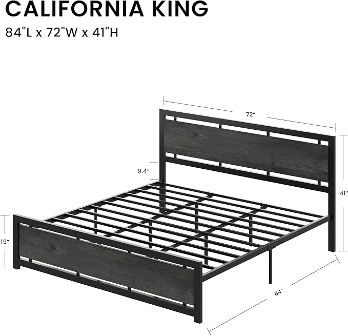 LIKIMIO California King Bed Frame with Headboard and Footboard, Metal Strong Supports, Easy Assembly, Noise-Free, No Box Spring Needed, Charcoal Grey