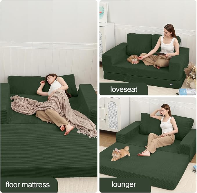 COMAX Futon Sofa Bed, Convertible Sofa Bed, Folding Boneless Couches | Boneless Couch for living room, 4‑in‑1 Fold Out Small Foldable Loveseat Floor Sleeper Mattress Lounge Space‑Saving, Green