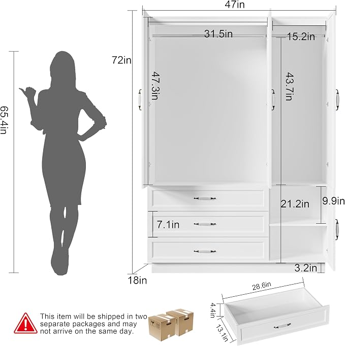 72" Armoire Wardrobe Closet with 3 Door Wooden Bedroom Armoire with LED Light 3 Drawers Large Modern Wardrobe Cabinet with Retro Ceramic Door Handles and Removable Hanging Rod White