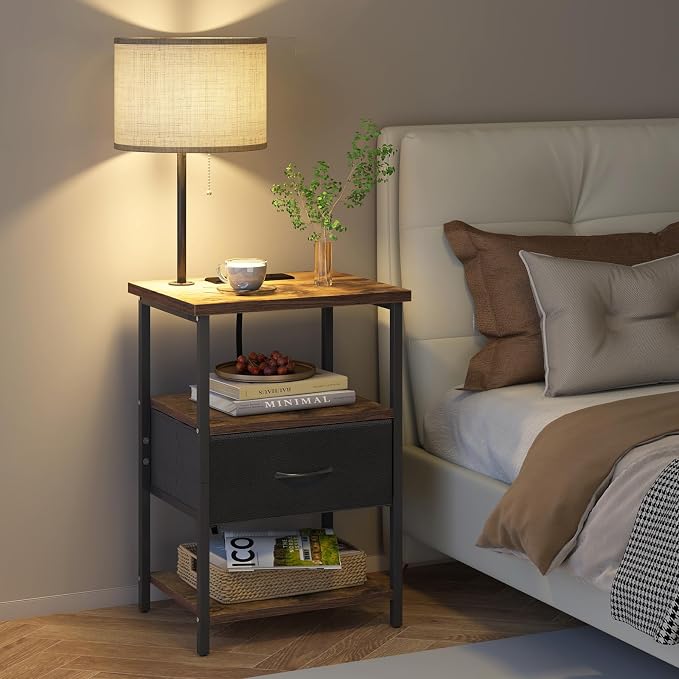 Fixwal Nightstand with Lights Bedside Table with 3 Color Temperatures Bulb, Night Stand with Charging Station End Table with Adjustable Fabric Drawer for Bedroom Dorm