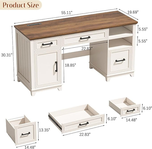 Vabches 55" Farmhouse Executive Desk with 3 Drawers & Storage Cabinet, Wooden Computer Desk, Home Office Desk with File Drawer (Fits A4 Size) for Work and Study, Rustic White and Brown