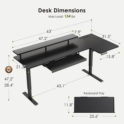OffiGo 63 Inch L Shaped Electric Standing Desk with Keyboard Tray, Reversible Height Adjustable Corner Computer Desk with Monitor Stand, Sit Stand Up Lift Table for Home, Office, Carbon Fiber Black
