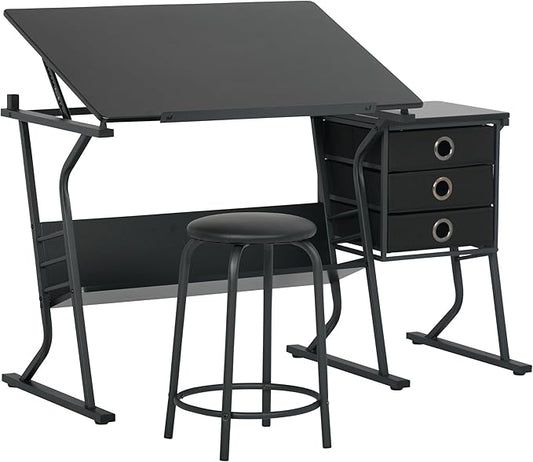 2 Piece Eclipse Ultra Center/Drawing Table with Stool, Angle Adjustable Top, Storage Shelves, and Drawers