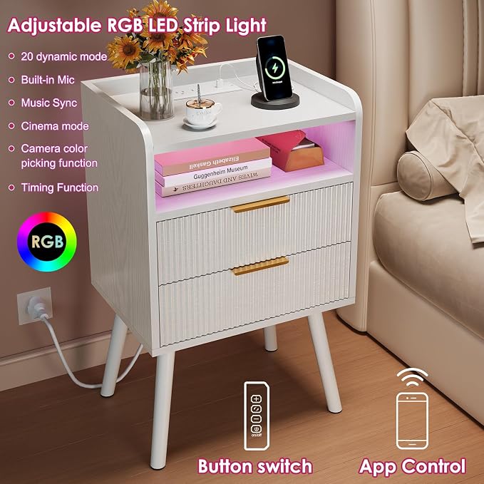Fixwal White Fluted Nightstand with Charging Station, LED Night Stand with 2 Wood Drawers for Bedroom, Modern Bedside Table, 15.7 x 11.8 x 25.6in