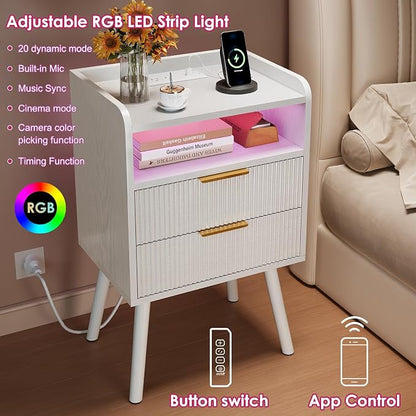 Fixwal White Fluted Nightstand with Charging Station, LED Night Stand with 2 Wood Drawers for Bedroom, Modern Bedside Table, 15.7 x 11.8 x 25.6in