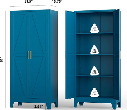 Blue Metal Kitchen Pantry Cabinet, 61" Tall Farmhouse Storage Cabinet with 2 Vintage Barn Doors and 4 Adjustable Shelves, Rustic Freestanding Cupboard for Kitchen,Home Office Living Room,Dining Room