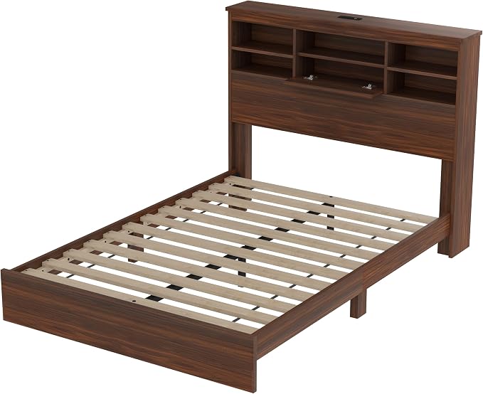 Farmhouse 4-Pieces Bedroom Sets, Queen Size Platform Bed with 2 Nightstands and 5-Drawer Storage, Wooden Bed Frame with Storage Headboard and Charging Station (Walnut-7.17)