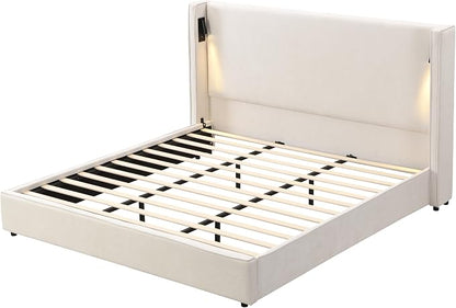 Christopher Knight Home Hazel 49.20" H King Headboard Bed, Upholstered King Size Bed, Slats Panel Support Platform, No Spring Box Needed, Wingback Headboard with Reading Lamps and USB, Beige