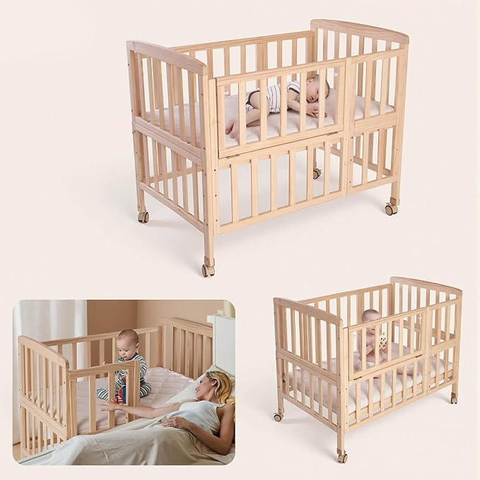 Flwrgirl Convertible Mini Baby Crib - Portable Bedside Bassinet with Mattress Included,5 Heights Baby Crib with Wheels for Newborns,Infant 0-18 Months,Unpainted