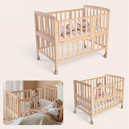 Flwrgirl Convertible Mini Baby Crib - Portable Bedside Bassinet with Mattress Included,5 Heights Baby Crib with Wheels for Newborns,Infant 0-18 Months,Unpainted