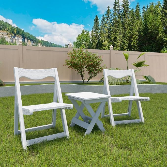 Outdoor Bistro Set Foldable Small Table and Chair Set,with 2 Chairs and Rectangular Table (White + HDPE)