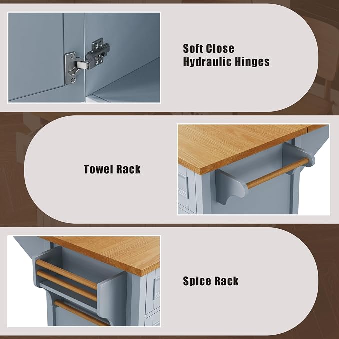 Large Kitchen Island with Rubber Wood Drop Leaf, Rolling Kitchen Cart with Ample Storage on Wheels with Doors and Drawers, Embossed Texture for Dining Room (52Inch, Grey, Golden Handle)
