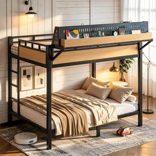 Bellemave Bunk Bed Full Over Full，Metal Bunk beds with Storage Shelves USB Ports and LED Lights, Natural