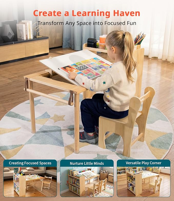 JOIN&JOY Kids Art Table and 2 Chair Set, Multifunctional Craft Table with Storage Shelves, Toddler Activity for Creativity, Drawing, Learning & Playtime