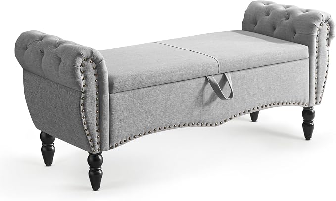Furniliving 51.75" Storage Ottoman Bench for Living Room, Modern Bedroom Benches with Rolled Arm Upholstered End of Bed Bench Shoe Storage Indoor Bench with Wood Legs Entryway Bench, Grey, Linen