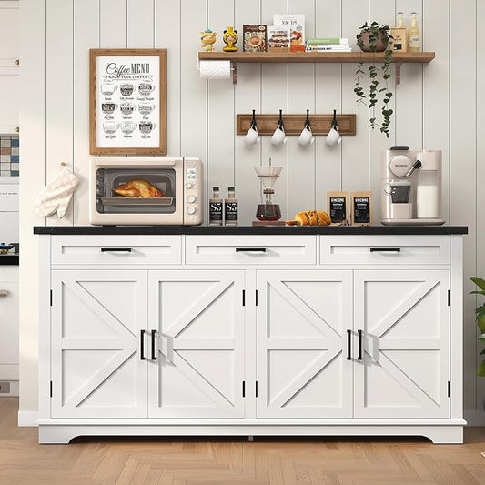 usikey Large Sideboard Buffet Cabinet with 4 Doors and 3 Drawers, Farmhouse Buffet Table, Dining Room Storage Cabinet for Kitchen or Living Room, White