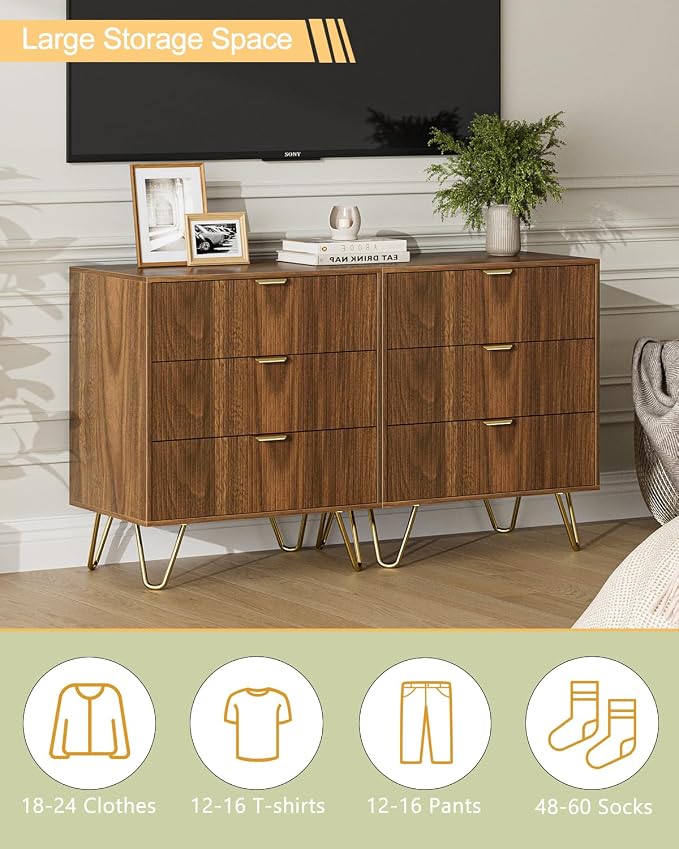 Walnut Dresser for Bedroom, Modern Fluted 3 Drawer Dresser with Storage, Dresser Chest of Drawers with Gold Handles for Bedroom, Living Room, Closet, Hallway, 15.8" D x 23.6" W x 27.6" H