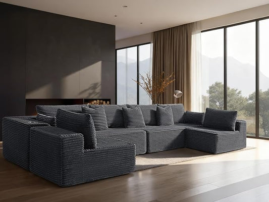 138" Cloud Sectional Couch, Comfort U Shaped Sofa for Living Room, Extra Deep Seats No Assembly, Minimalist Modular Couch, Corduroy (Dark Grey, 6 Seats,U-Shape B)