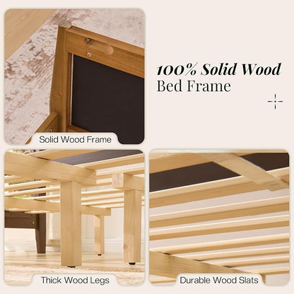 Jocisland 58" Tall Solid Wood King Size Bed Frame with Upholstered Headboard & Footboard, Wooden Platform Bedframe, No Box Spring Needed, Easy Assembly, Modern Farmhouse Style, Walnut