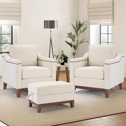 HAOMARKETS 2 Piece Fabric Sofa Set with Nailhead Trim, Included Accent Chair Set of 2 with Thicked Cushion and Upholstered Storage Ottoman with Flip-Top Table, Living Room Furniture Set,Beige