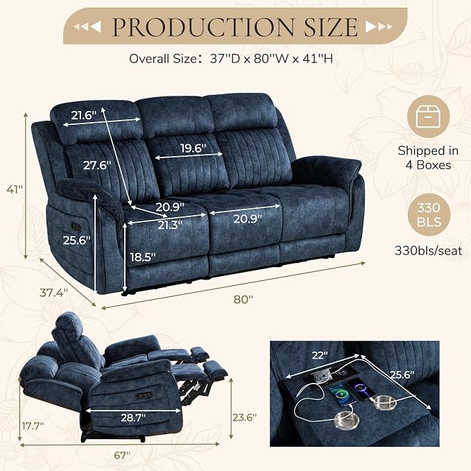Power Reclining Sofa with Zero Gravity, Electric Reclining Couch with Adjustable Headrest, Wireless Charge, USB/Type-C Ports, 3 Seater Recliner Sofa for Living Room (Blue, 3 Seater Sofa)