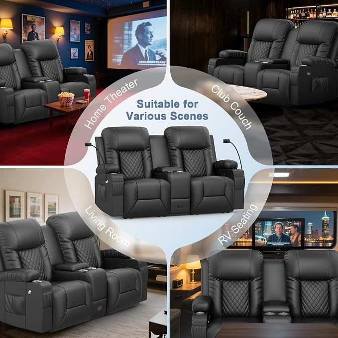 Loveseat Recliner Sofa, Home Theater Seating with Center Console, Reclining Loveseat RV Couch with USB Ports & Phone Holders, Wall Hugger RV Sofa Furniture with Storage & Pocket