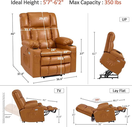 MCombo Large Dual Motor Power Lift Recliner Chair for Elderly, Zero Gravity Lift Chair with Heat and Massage, Infinite Position Lay Flat Recliner, USB Ports, Faux Leather 7896 (Tawny, Large)