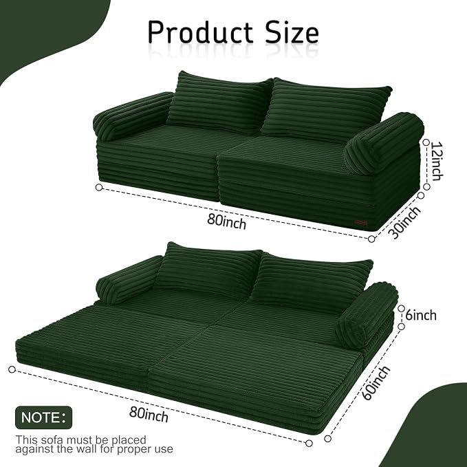 MeMoreCool Convertible Sofa Bed, Folding Floor Couch Bed Queen, Pull Out Sleeper Couch with Pillows, Fold Out Futon Sofa for Bedroom Living Room Small Space, Corduroy Green