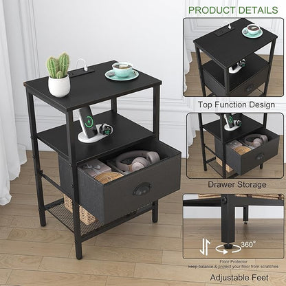 sthmec Nightstands Set of 2, Black Night Stands with Charging Station, Bedside Tables with Drawers PU Finish, 2-Tier Side Table with Open Shelf, Nightstands with Drawer,Black
