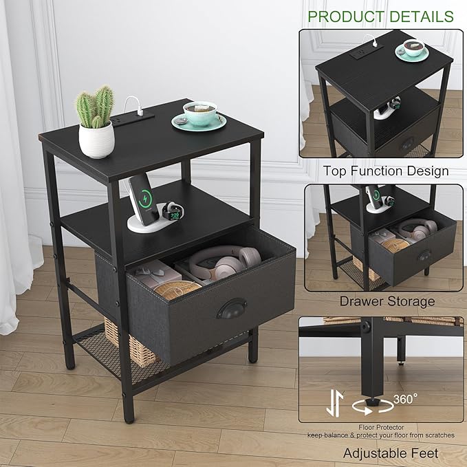 sthmec Nightstands Set of 2, LED Night Stands with Charging Station and Fabric Drawer, Bedside Tables with Drawers, 2- Tier LED Side Tables End Table Charging Station Bedroom, Black