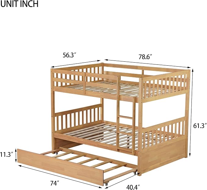 Harper & Bright Designs Convertible Wood Full-Over-Full Bunk Bed with Trundle and Ladder - Can Be Divided Into Two Platform Beds, White Oak