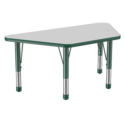FDP Trapezoid Activity School and Classroom Kids Table (24 x 48 inch), Chunky Toddler Legs for Collaborative Seating Environments, Adjustable Height 15-24 inches - Gray Top and Green Edge