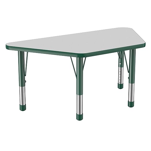 FDP Trapezoid Activity School and Classroom Kids Table (24 x 48 inch), Chunky Toddler Legs for Collaborative Seating Environments, Adjustable Height 15-24 inches - Gray Top and Green Edge